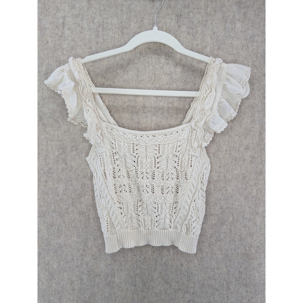 Anthropologie Cream Ruffle Sleeve Crop Top Ivory Cotton XS  Crochet